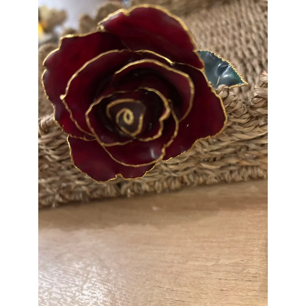 24k Gold Dipped Real Rose Red Lacquer Preserved Long Stem Gold Trim Ornament